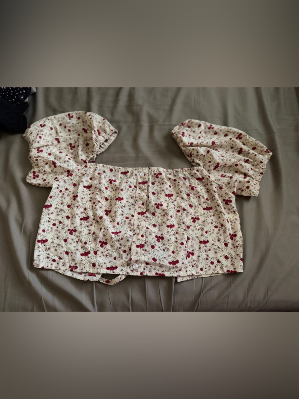 Fashion Nova Cream Floral Off-Shoulder Crop Top with Red Accents